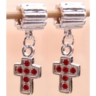 Bleek2Sheek Silverplated Red Rhinestone Cross Charm Beads (Set of 2