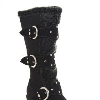 Buckle Fur Trim Knee High Wedge Boot Black