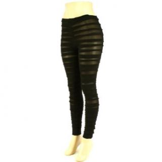 Sexy Ribbed Pleated Leggings Stretchy Skinny Pant Black
