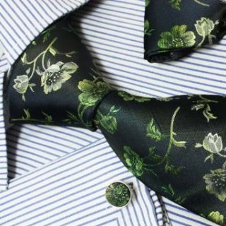 Green Black Florals Pattern 100% Jacquard Woven Silk Tie