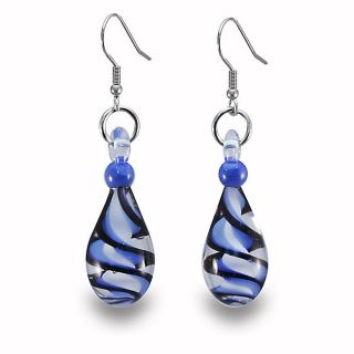 Stainless Steel Black and Blue Swirl Design Glass Earrings