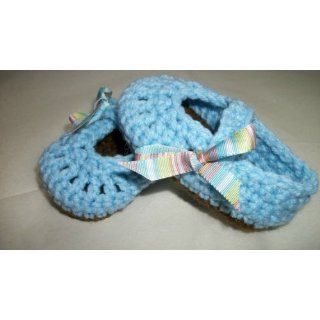 Brown & Blue Baby Mary Janes with Ribbon   Handmade Crochet Baby Shoes