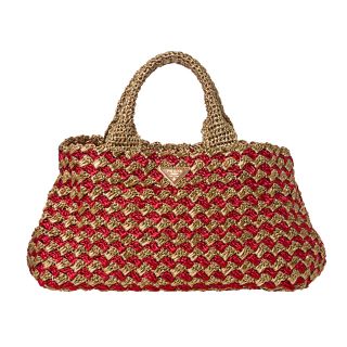 Prada Red/ Honey Bi Color Raffia Tote Bag Was $999.99 Today $799.99