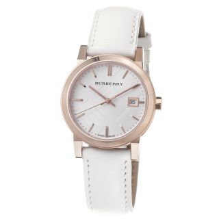 Burberry Womens Large Check Silver Dial White Leather Strap Watch