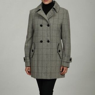 Nautica Womens Grey Plaid Double Breasted Peacoat