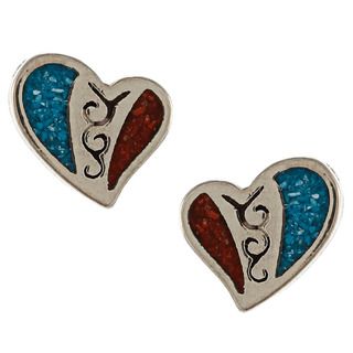 Southwest Moon Silvertone Turquoise and Synthetic Coral Heart Earrings