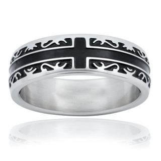 Stainless Steel Womens Black Inlay Tribal Cross Ring (6 mm