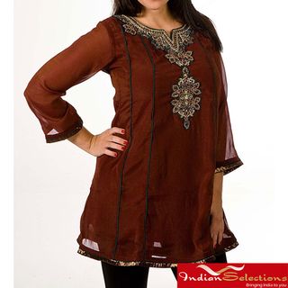 Womens Georgette Brown with Golden Embroidery Kurti/ Tunic (India