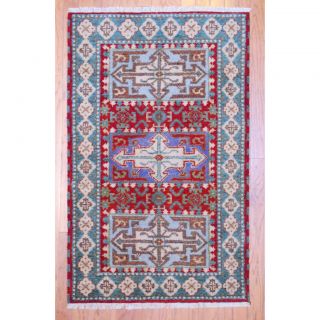 Indo Hand knotted Kazak Red/ Teal Wool Rug (3 x 5)
