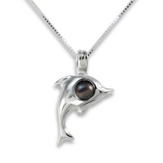 Sterling Silver Black Pearl Eye Dolphin Necklace (5 6 mm)