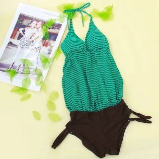 Women Striped Halter Monokini Swimwear Swimsuit Green Size