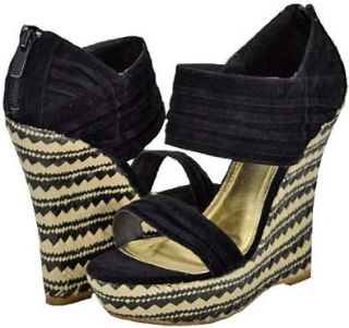  Bamboo Pompey 12 Black Faux Suede Women Wedge Sandals Shoes