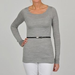 Adrienne Vittadini Womens Grey Boat Neck Belted Top