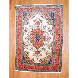 Persian Hand knotted 1960s Tabriz Ivory/ Navy Wool Rug (8 x 112