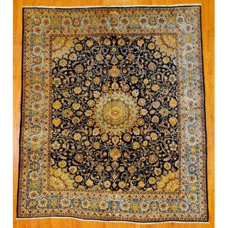 Persian Hand knotted Navy/Light Blue Mashad Wool Rug (94 x 112