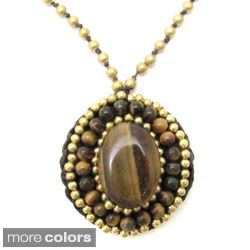Mosaic Oval Natural Stone and Brass Embroidered Necklace (Thailand