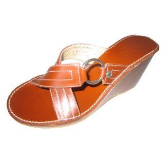 Coach Wedge Platform Mule Sandal Rust Cinnamon Leather Size 8.5m