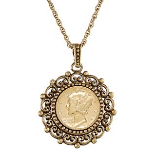 American Coin Treasures Mercury Dime Antique Goldtone Beaded Necklace