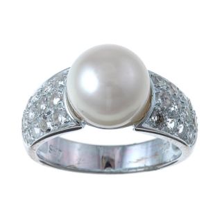 Pearls For You Silver White FW Pearl and White Topaz Ring (9.5 10 mm