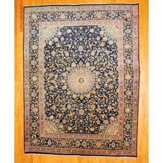 Persian Hand knotted Mashad Navy/ Ivory Wool Rug (97 x 126
