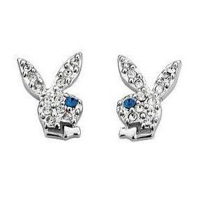 Playboy Earrings Silver Plated Pave Crystal Bunny Logo