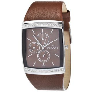 Skagen Womens Square Glitz Brown Leather Watch