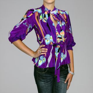 Bilingual Clothing Womens Purple Silk Mosaic Ruched 3/4 sleeve Blouse