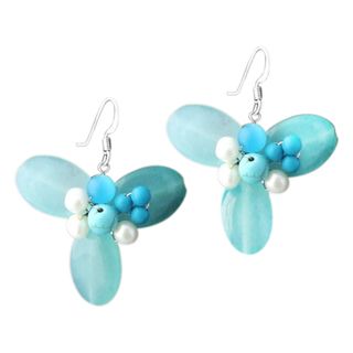 Silver Dreamy Blue Turquoise, Chalcedony and Pearl Earrings (Thailand
