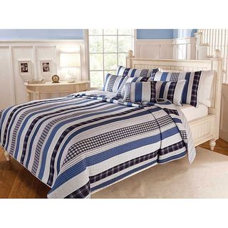 Cameron Contemporary Blue and White Cotton Striped 3 piece Quilt Set