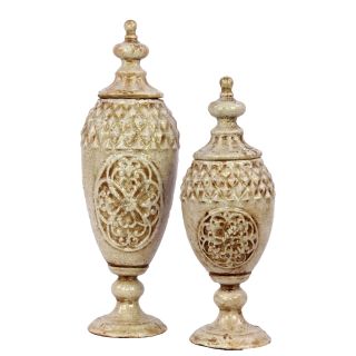 Urban Trends Collection Antique White Ceramic Jars with Lids (Set of 2