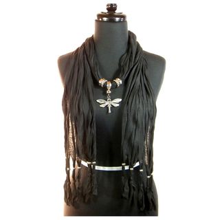 Black Fashion Jewelry Scarf with Silver Toned Dragonfly Pendant