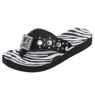 Hidden Soles Womens Black Zebra Rhinestone Thong Sandals