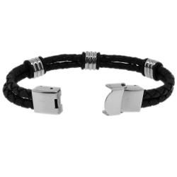 Stainless Steel and Black Leather Mens Station Bracelet
