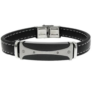 Black tone Stainless Steel and Black Leather Mens Bracelet