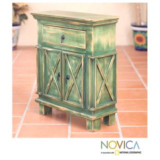 Handcrafted Pinewood Antique Green Crisscross Nightstand (Mexico