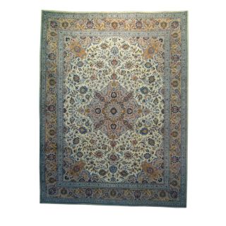 Persian Hand knotted Mashad Ivory Wool Rug (101 x 131)