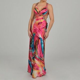 Ignite Womens Brushstroke print Beaded Long Fishtail Gown