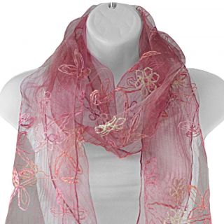 Hand spun Silk Embroidered Small Daisy Coral Scarf (India)