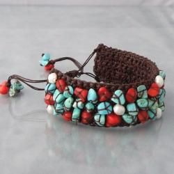Cotton Turquoise/ Coral/ Pearl Pull Wrist Bracelet (3 6 mm) (Thailand
