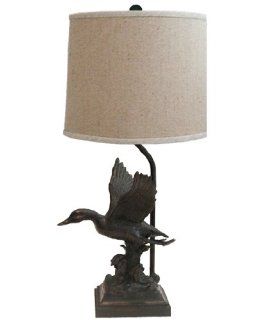 Rustic Duck Lamp with linen shade. Use up to 100 watt bulb. Oil Rubbed