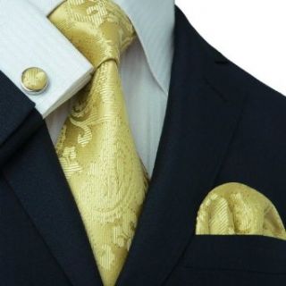 Landisun 164 Yellows Paisleys Black Stitching Silk Tie Set