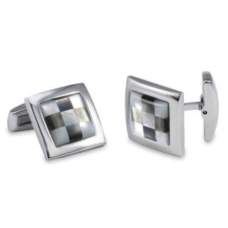Stainless Steel Mother of Pearl and Abalone Checkerboard Cuff Links