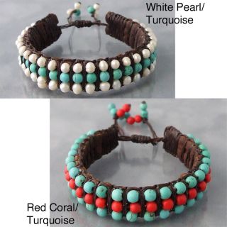 Red Coral or Pearl and Turquoise Leather Bracelet (Thailand) Today $