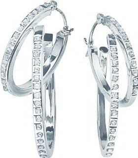 14K White Gold Diamond Double Hoop Earrings Jewelry