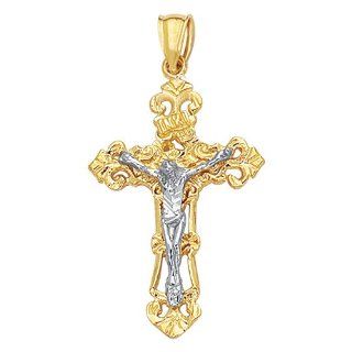 14k Two Tone Gold Filigree Crucifix Cross Pendant Jewelry