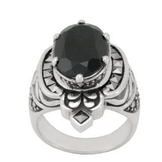 Sterling Silver Marcasite and Oval Onyx Cocktail Ring
