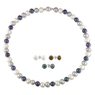 Miadora Sterling Silver Multi colored Pearl Jewelry Set (7.5 10 mm