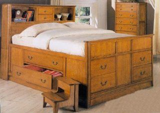 Oak Finish Bookcase Headboard Queen Bed