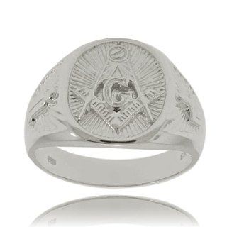 Mens Masonic Ring Engraved Signet in Sterling Silver