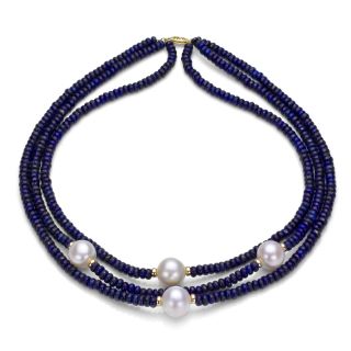 DaVonna 14k Gold 3 row Blue Lapis and White FW Pearl Necklace (11 12
